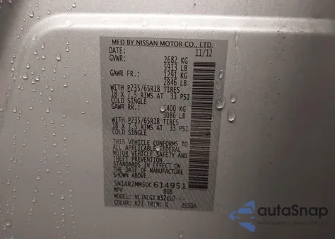 2013 Nissan Pathfinder Sl z USA, uszkodzony, nr VIN 5N1AR2MM5DC614951